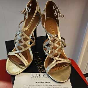 Lauren Ralph Lauren Metallic honey Heel /  PLATINO METALLIC KIDSKIN" and "sz 8B